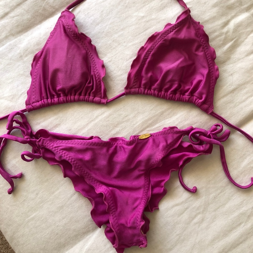 Luli Fama Pink Scrunch Bikini Top and Bottom (S)